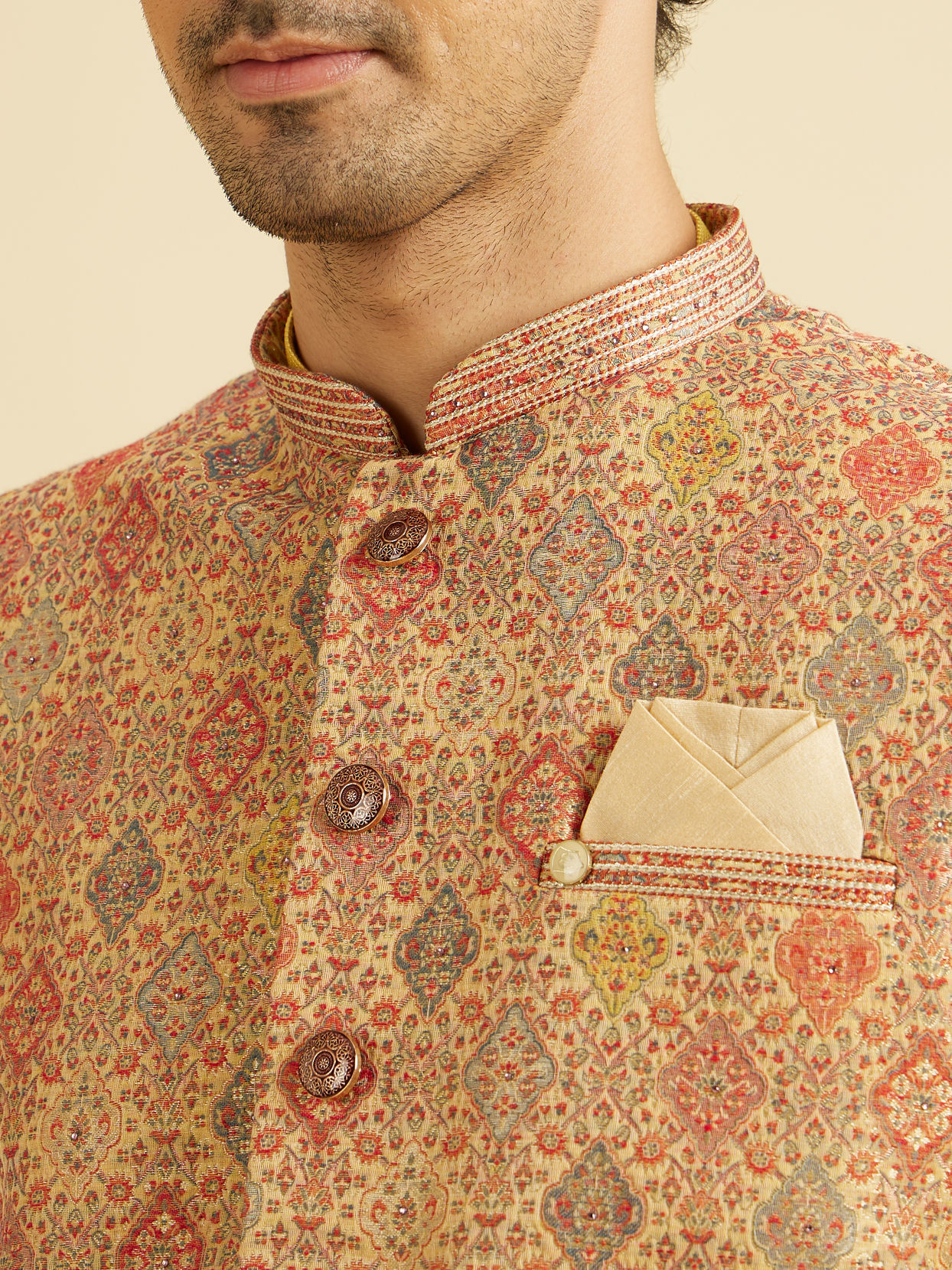 Manyavar Men Fawn Conch Shell Patterned Nehru Jacket