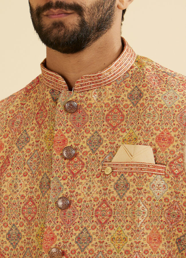 Manyavar Men Brocade Fawn Hue Nehru Jacket image number 1