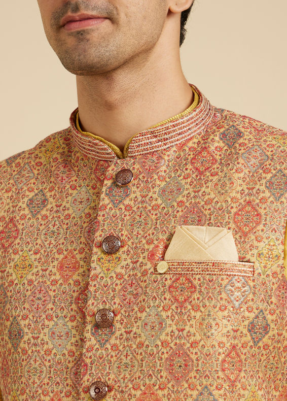 Manyavar Men Fawn Conch Shell Patterned Nehru Jacket