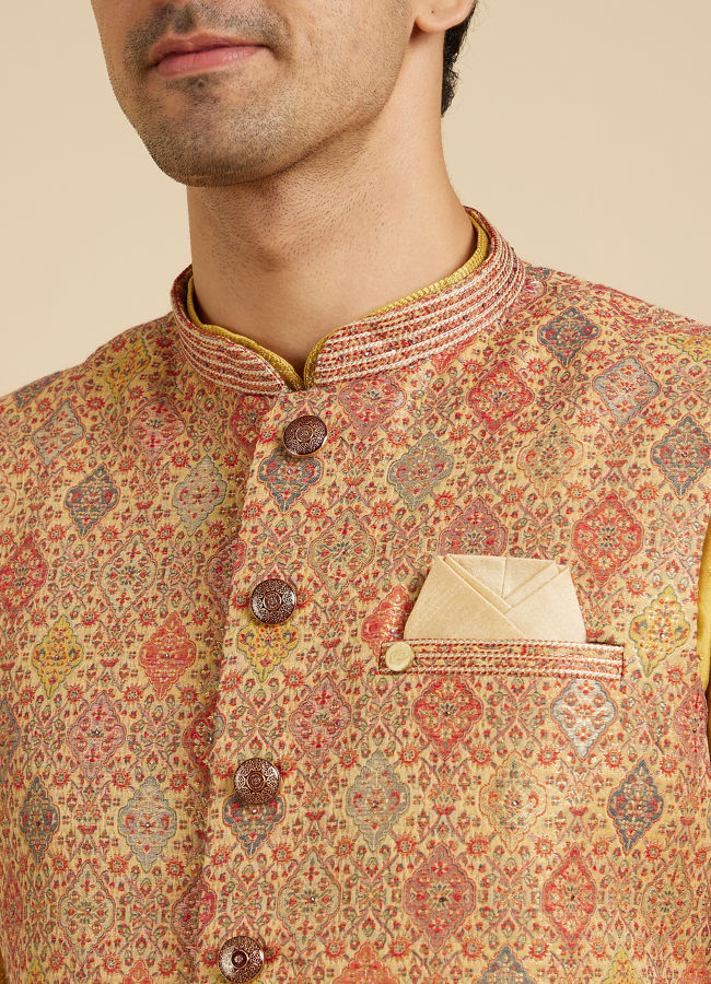 Manyavar Men Fawn Conch Shell Patterned Nehru Jacket image number 1