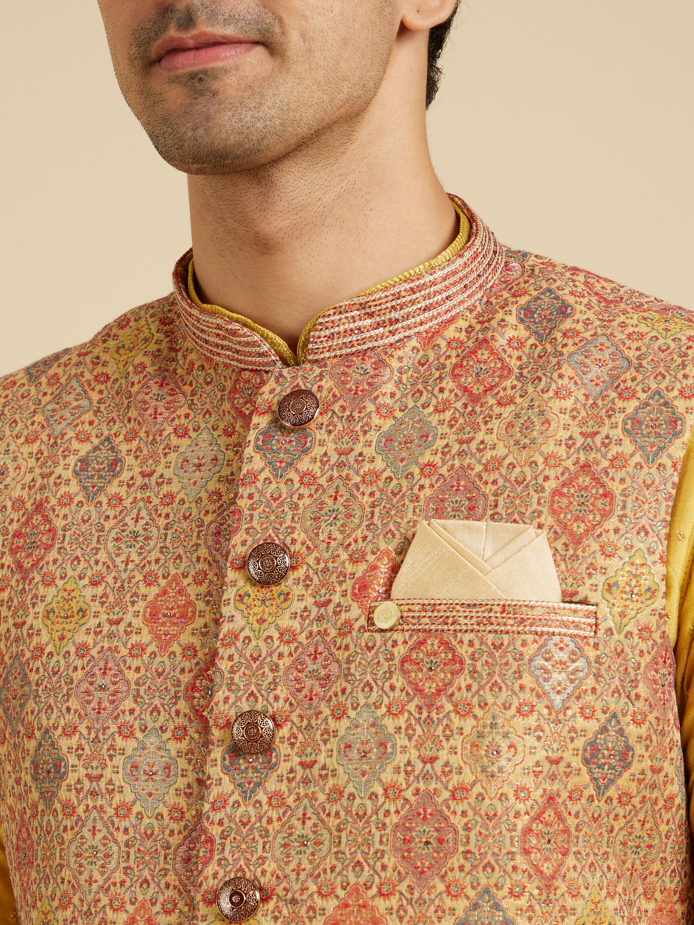 Manyavar Men Fawn Conch Shell Patterned Nehru Jacket