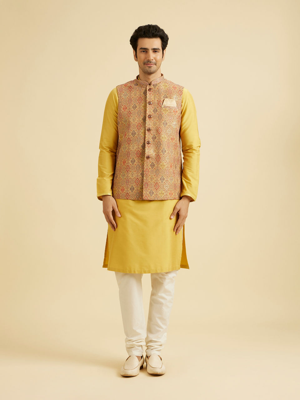 Manyavar Men Fawn Conch Shell Patterned Nehru Jacket
