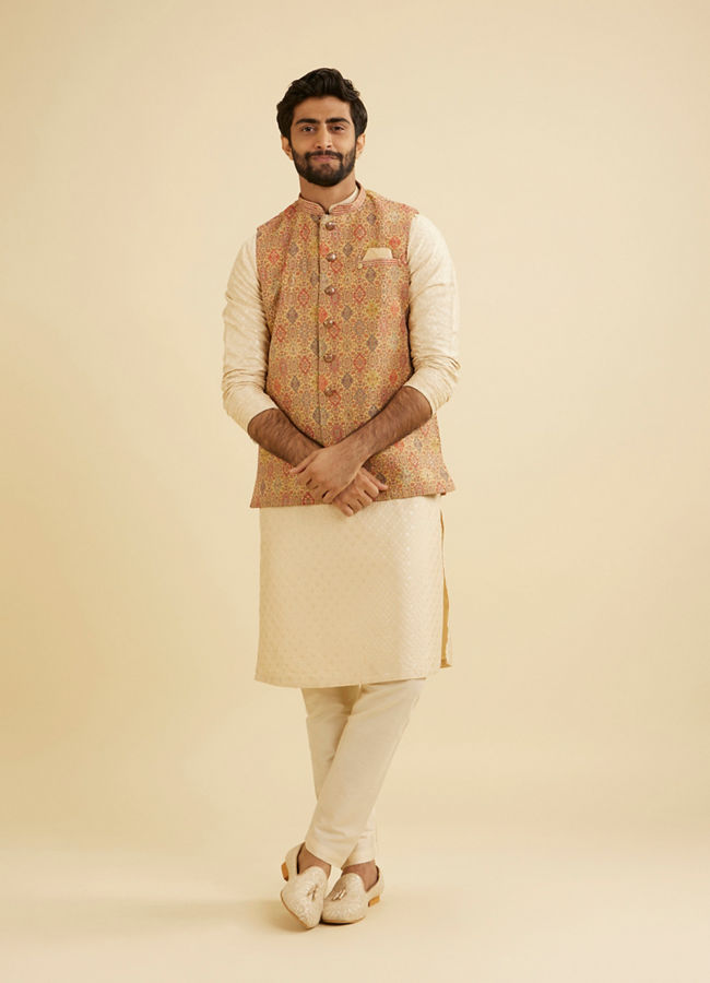 Manyavar Men Brocade Fawn Hue Nehru Jacket image number 2