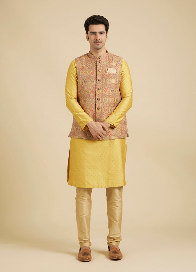 Manyavar Men Fawn Conch Shell Patterned Nehru Jacket image number 2