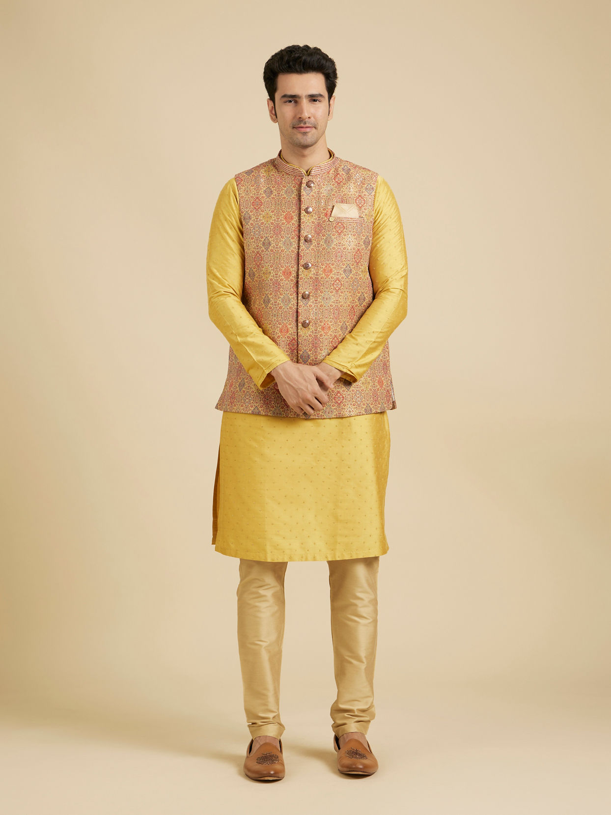 Manyavar Men Fawn Conch Shell Patterned Nehru Jacket image number 2