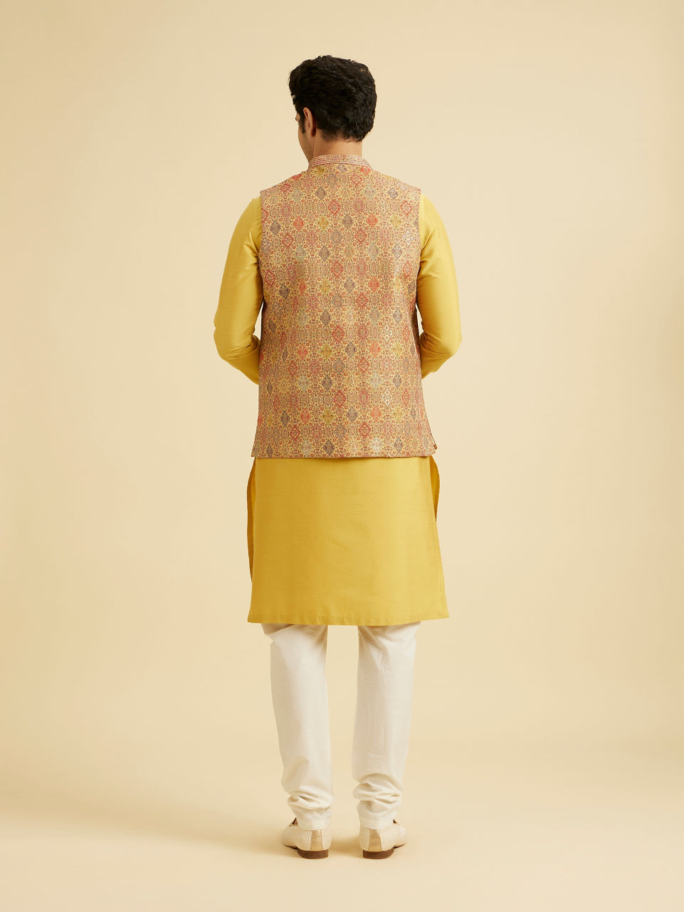 Manyavar Men Fawn Conch Shell Patterned Nehru Jacket