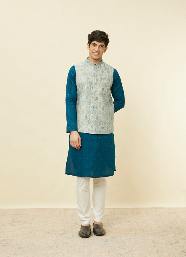 alt message - Manyavar Men Delicate Blue Shankh Patterned Jacket image number 2