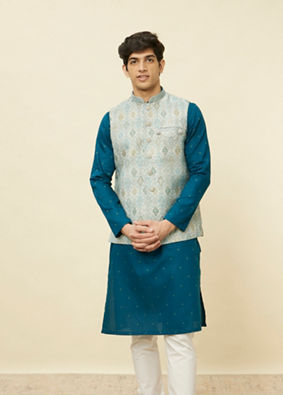 alt message - Manyavar Men Delicate Blue Shankh Patterned Jacket