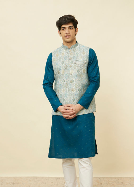 alt message - Manyavar Men Delicate Blue Shankh Patterned Jacket