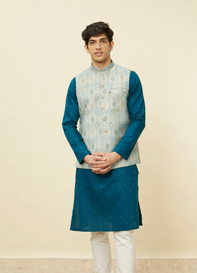 alt message - Manyavar Men Delicate Blue Shankh Patterned Jacket image number 0