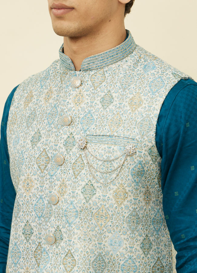 alt message - Manyavar Men Delicate Blue Shankh Patterned Jacket image number 1