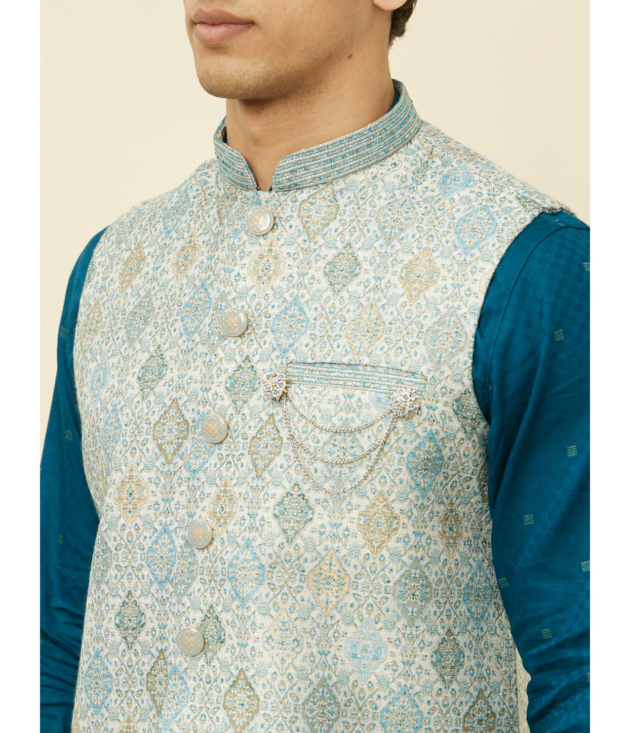 alt message - Manyavar Men Delicate Blue Shankh Patterned Jacket image number 1