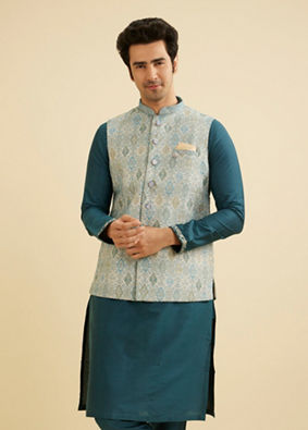 Manyavar Men Delicate Blue Shankh Patterned Jacket