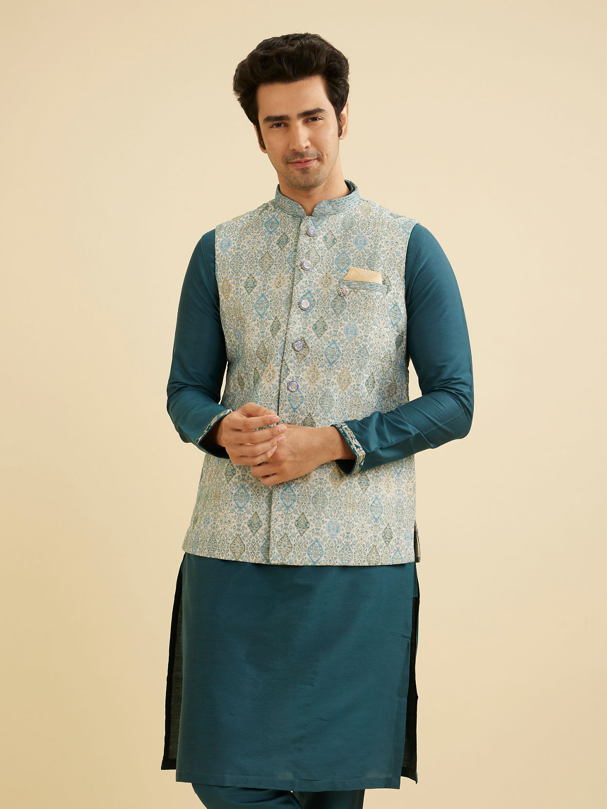 Manyavar Men Delicate Blue Shankh Patterned Jacket image number 0