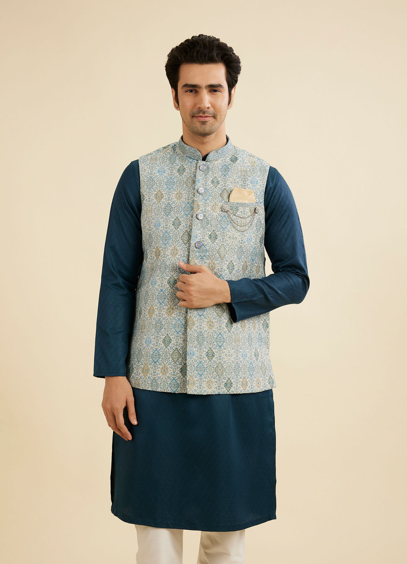 Manyavar Men Delicate Blue Shankh Patterned Jacket