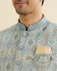 Manyavar Men Delicate Blue Shankh Patterned Jacket