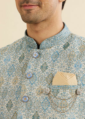 Manyavar Men Delicate Blue Shankh Patterned Jacket