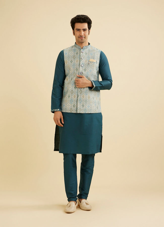 Manyavar Men Delicate Blue Shankh Patterned Jacket image number 3