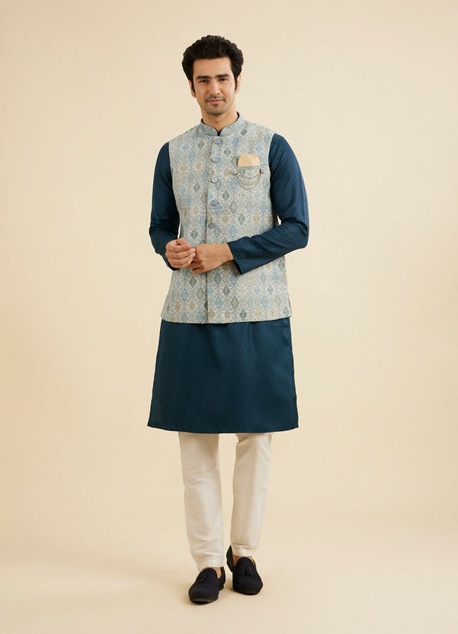 Manyavar Men Delicate Blue Shankh Patterned Jacket