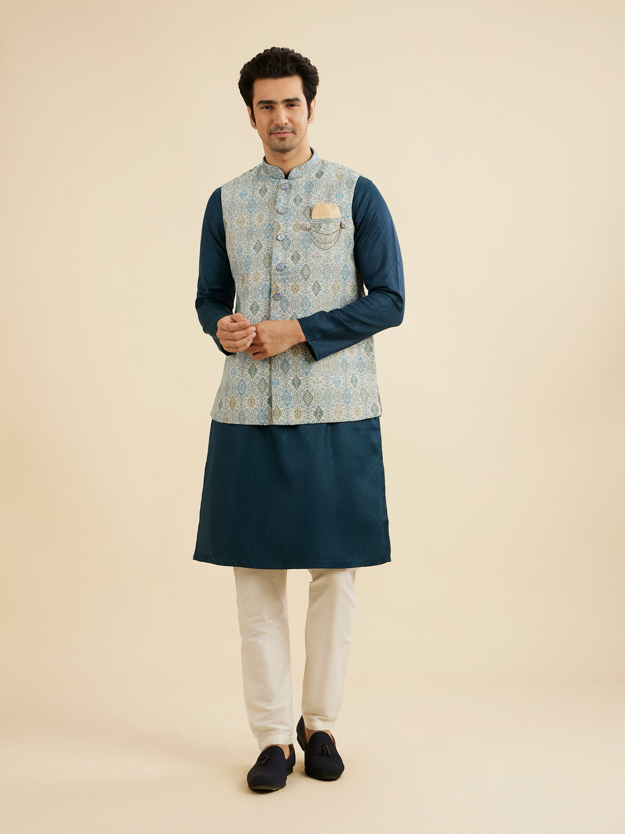 Manyavar Men Delicate Blue Shankh Patterned Jacket