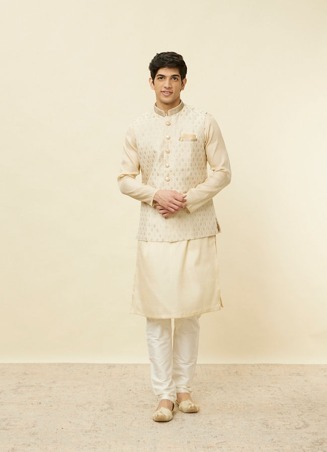 Manyavar Men Desert Sand Beige Ogee Patterned Jacket