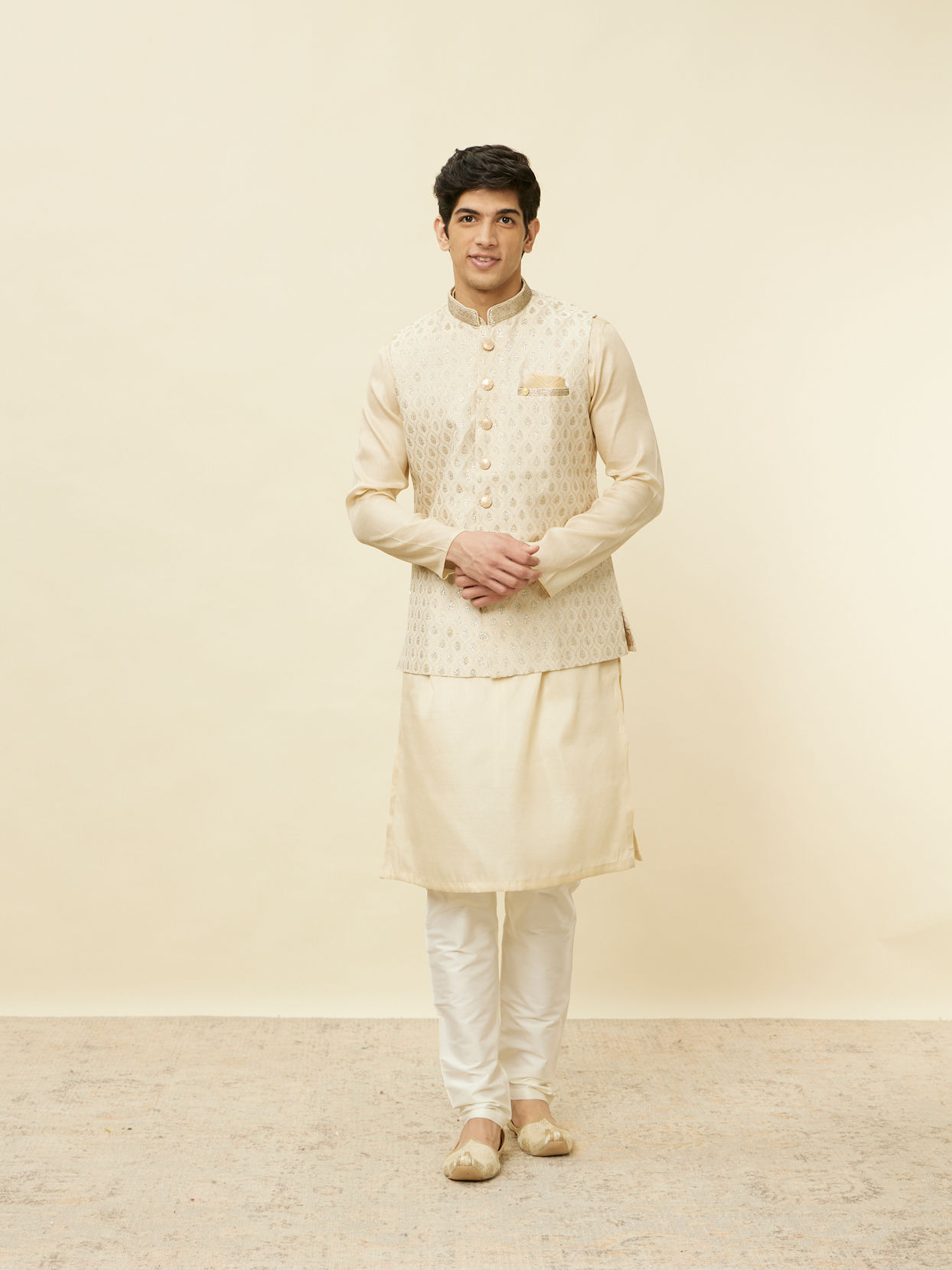 alt message - Manyavar Men Desert Sand Beige Ogee Patterned Jacket image number 2