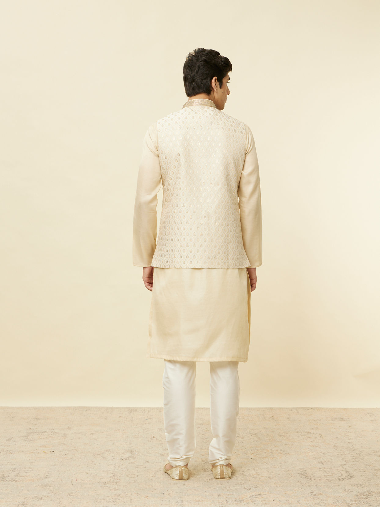 Manyavar Men Desert Sand Beige Ogee Patterned Jacket