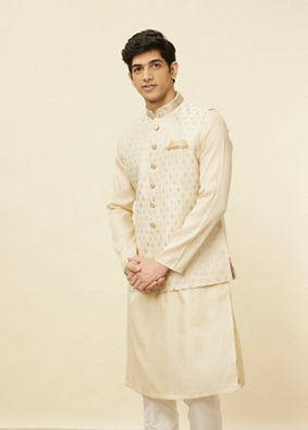 Manyavar Men Desert Sand Beige Ogee Patterned Jacket