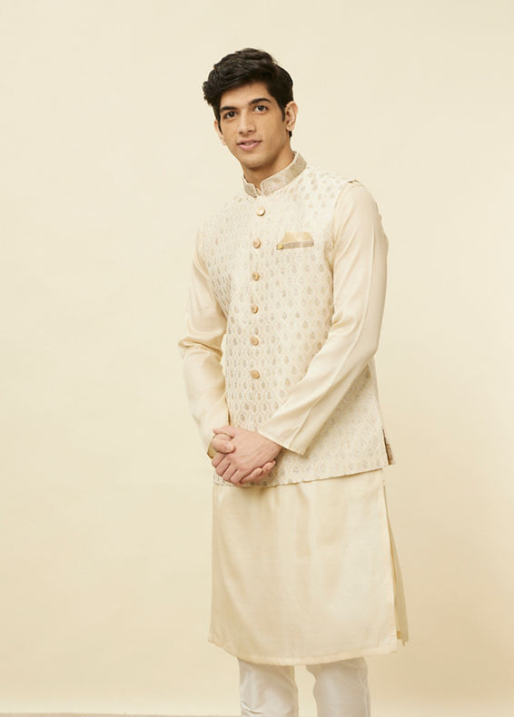 alt message - Manyavar Men Desert Sand Beige Ogee Patterned Jacket