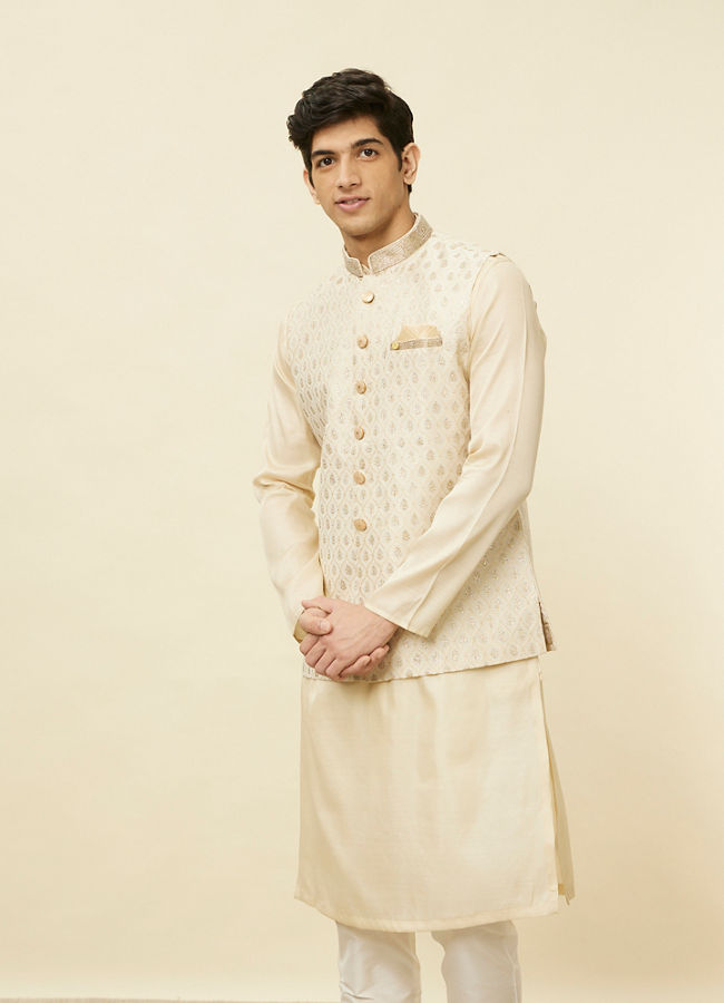 alt message - Manyavar Men Desert Sand Beige Ogee Patterned Jacket image number 0