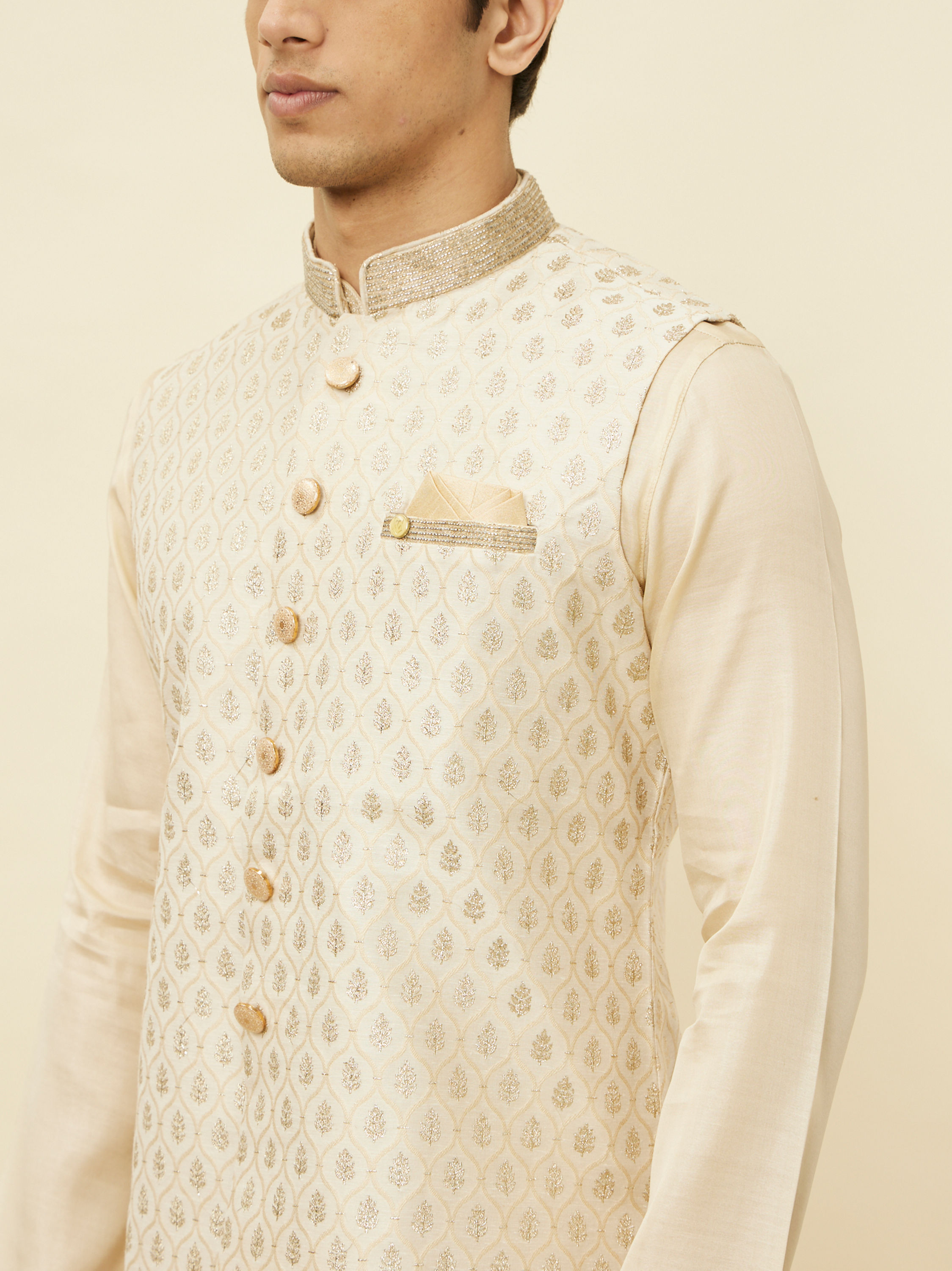 Manyavar Men Desert Sand Beige Ogee Patterned Jacket