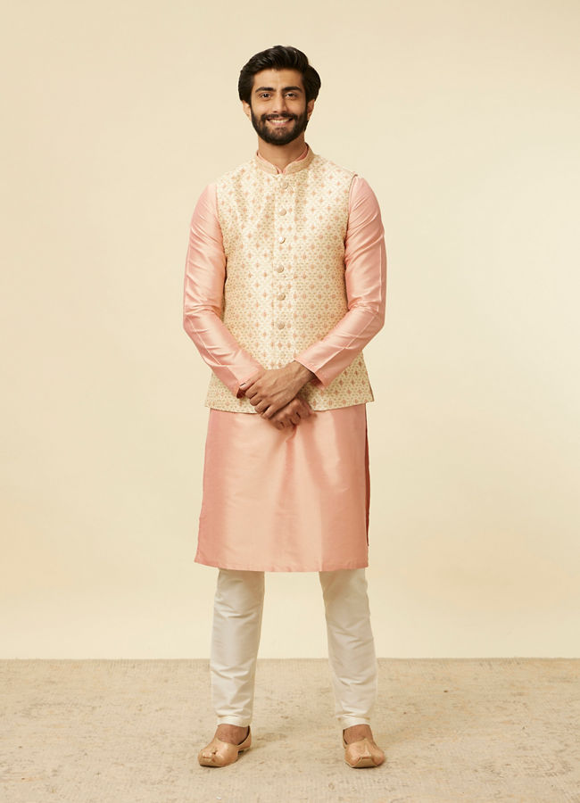 alt message - Manyavar Men Golden Beige Floral Jaal Pattern Jacket image number 2