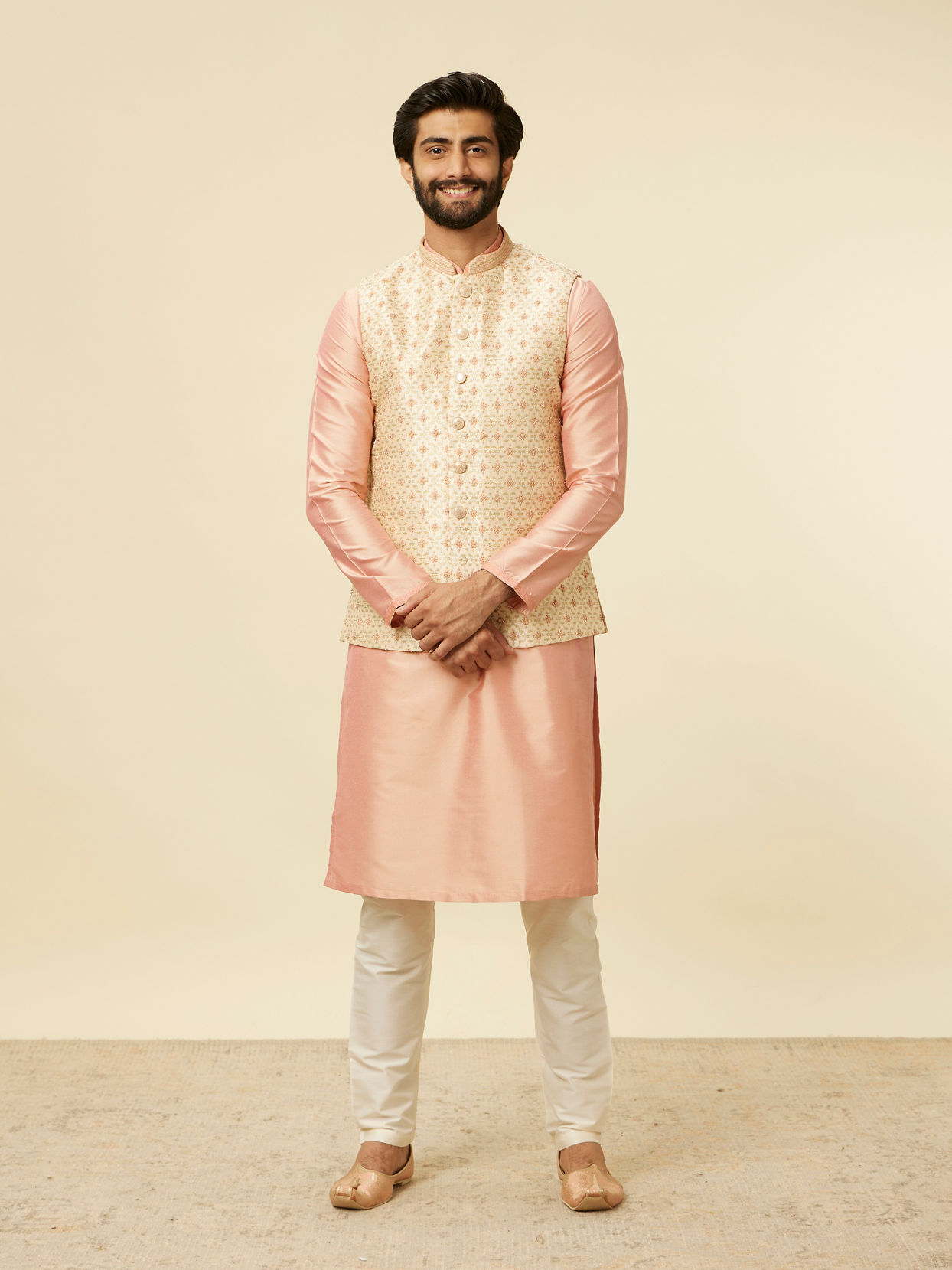 Manyavar Men Golden Beige Floral Jaal Pattern Jacket