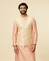 alt message - Manyavar Men Golden Beige Floral Jaal Pattern Jacket image number 0