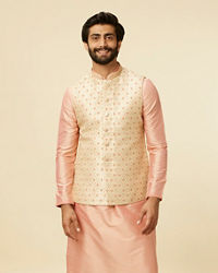 Manyavar Men Golden Beige Floral Jaal Pattern Jacket