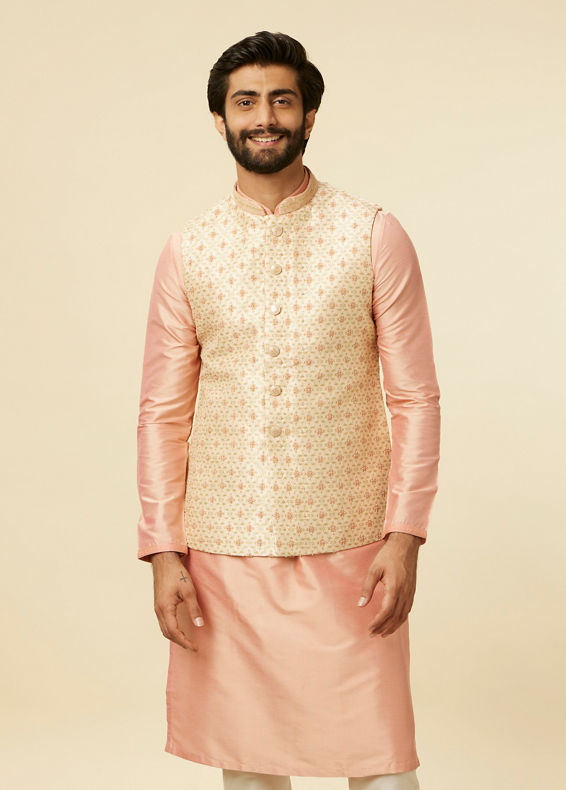 Manyavar Men Golden Beige Floral Jaal Pattern Jacket