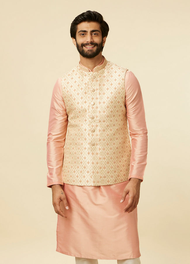 alt message - Manyavar Men Golden Beige Floral Jaal Pattern Jacket image number 0