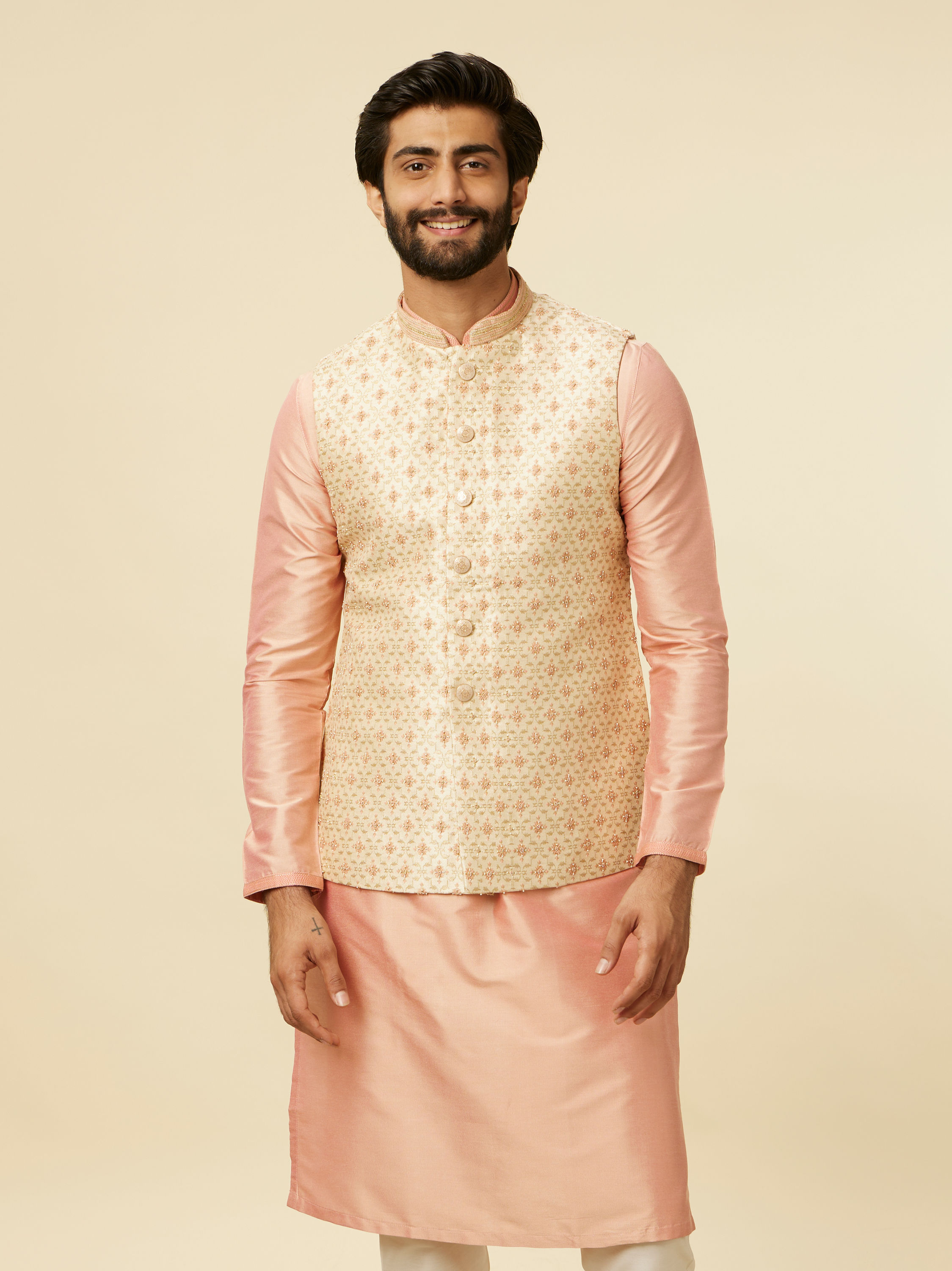 Manyavar Men Golden Beige Floral Jaal Pattern Jacket