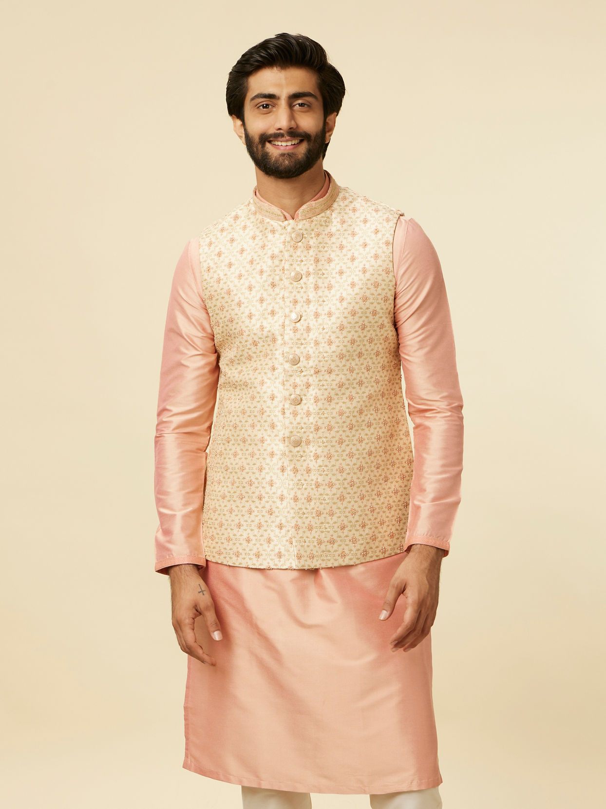 alt message - Manyavar Men Golden Beige Floral Jaal Pattern Jacket image number 0