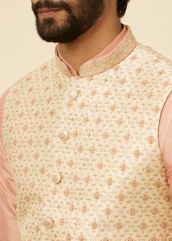 Manyavar Men Golden Beige Floral Jaal Pattern Jacket