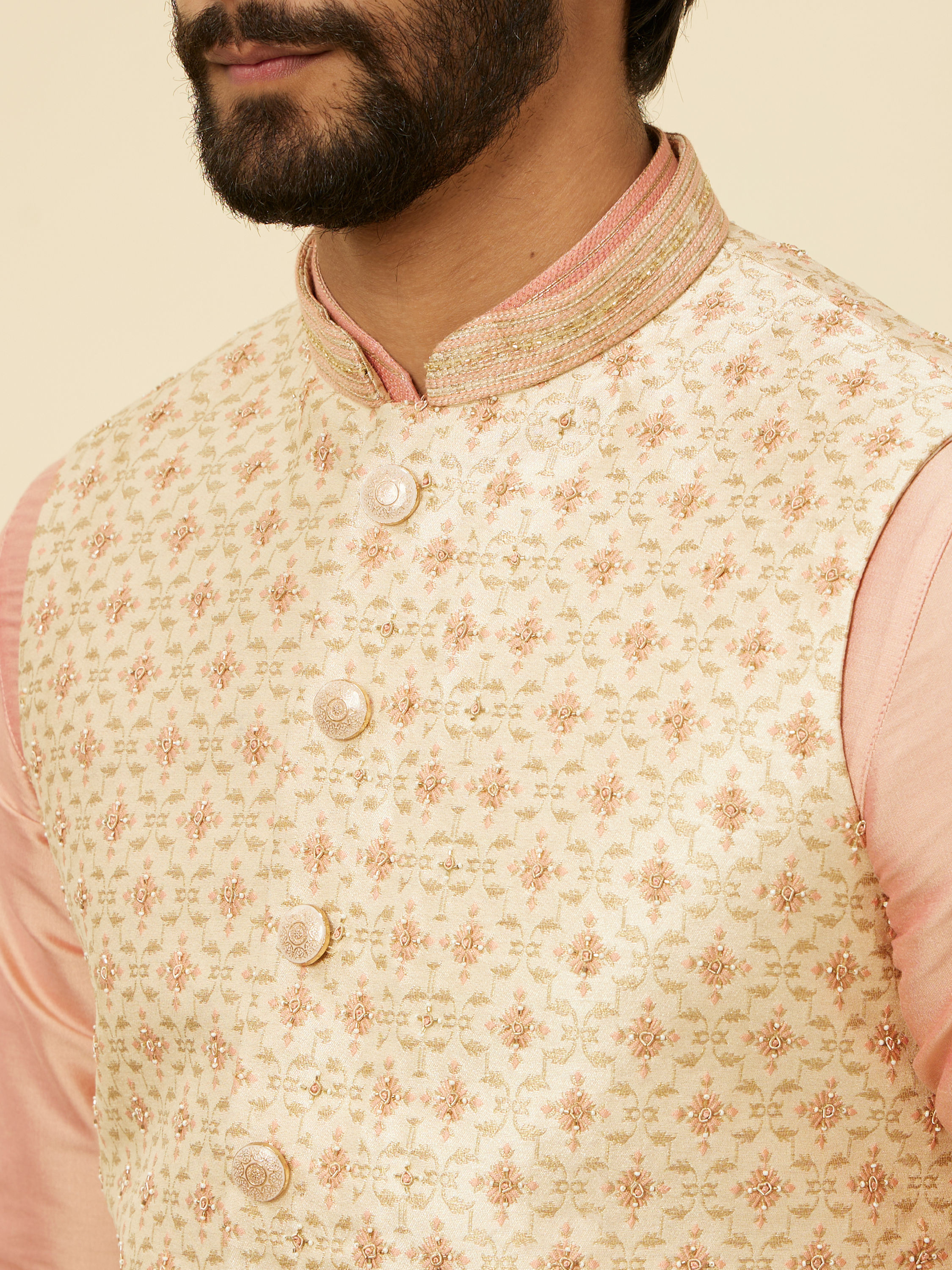 Manyavar Men Golden Beige Floral Jaal Pattern Jacket