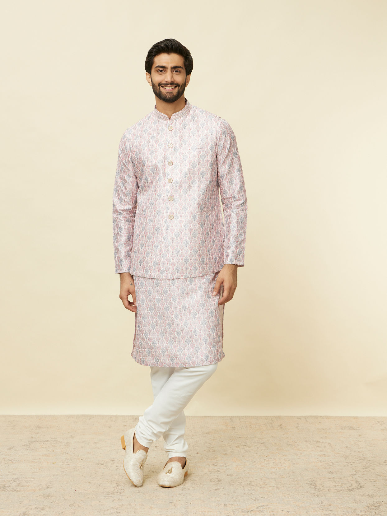 alt message - Manyavar Men Cherry Blossom Pink Medallion Patterned Jacket image number 2