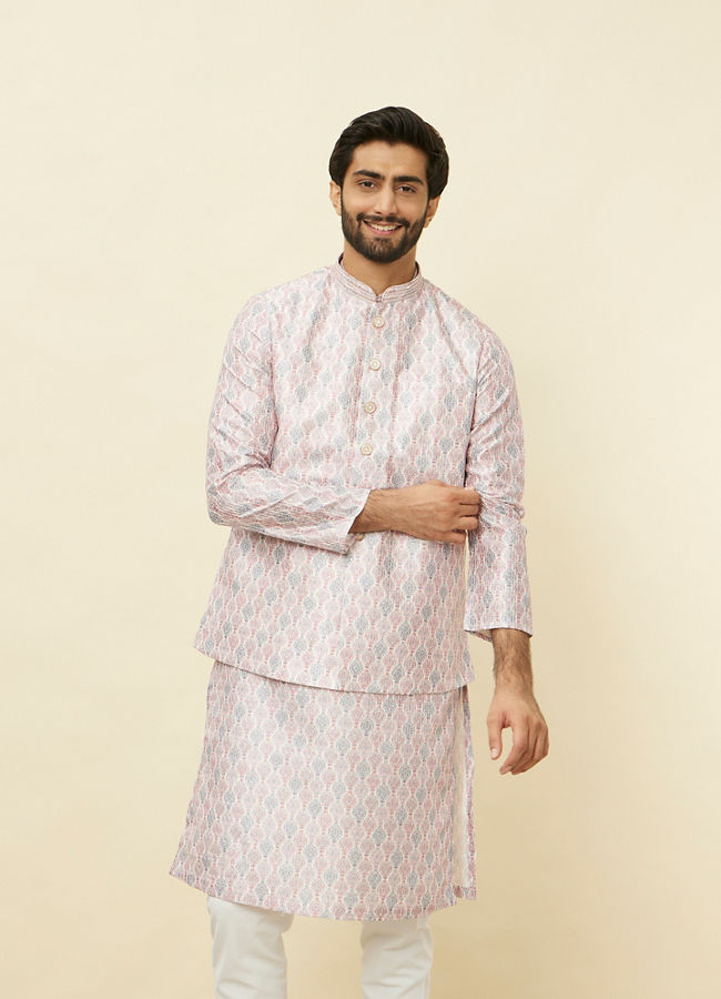 alt message - Manyavar Men Cherry Blossom Pink Medallion Patterned Jacket image number 0