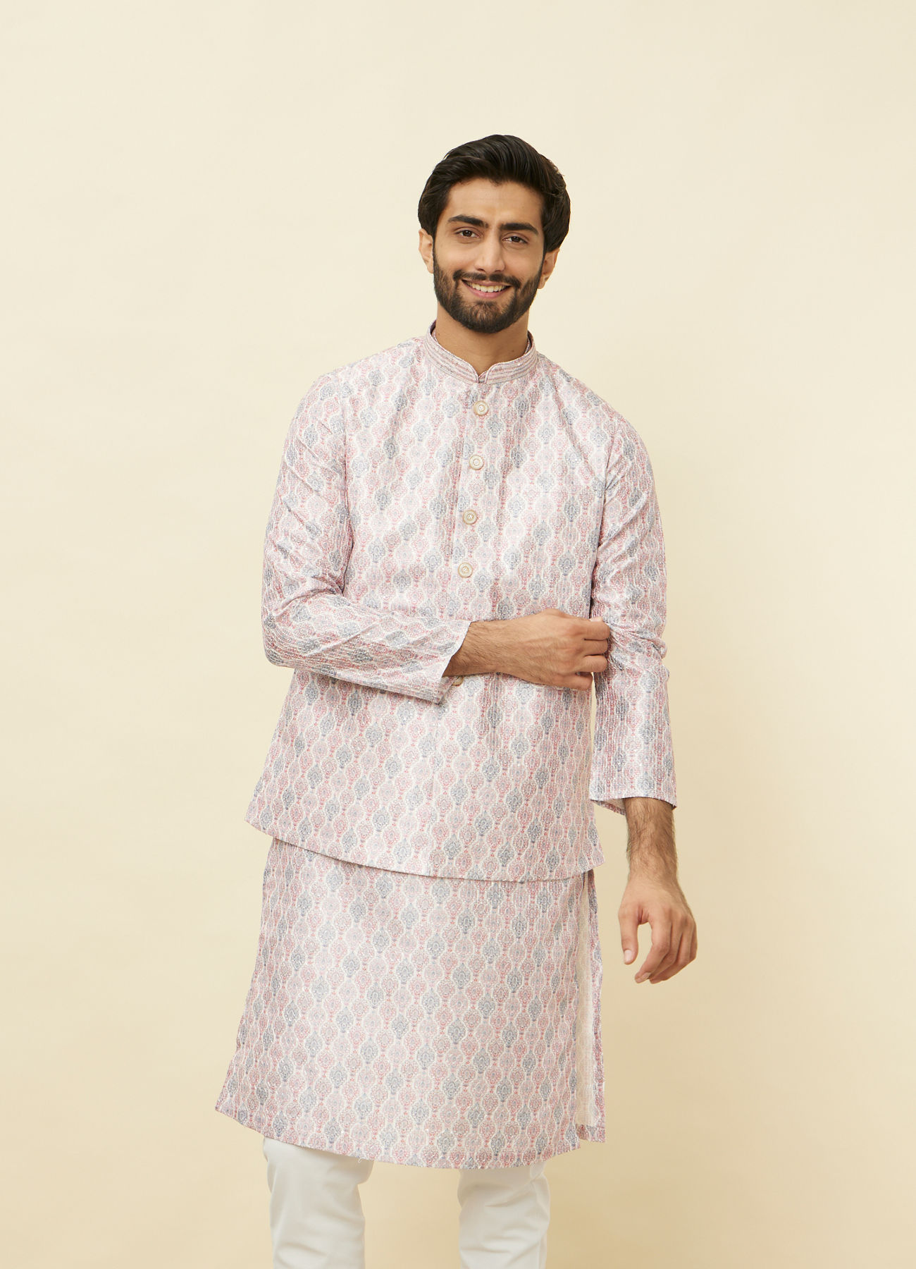 Manyavar Men Cherry Blossom Pink Medallion Patterned Jacket