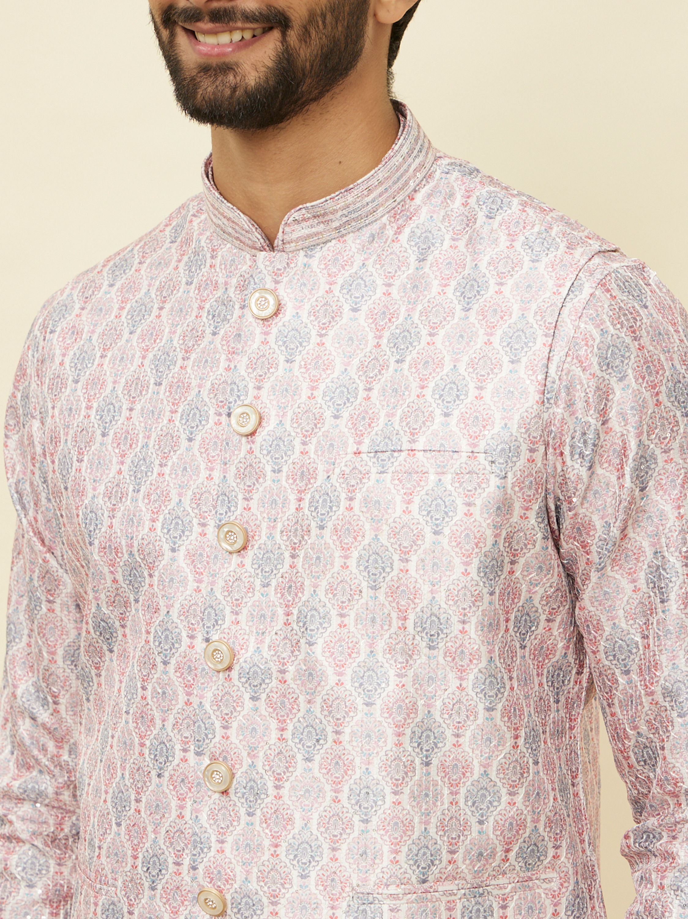 Manyavar Men Cherry Blossom Pink Medallion Patterned Jacket