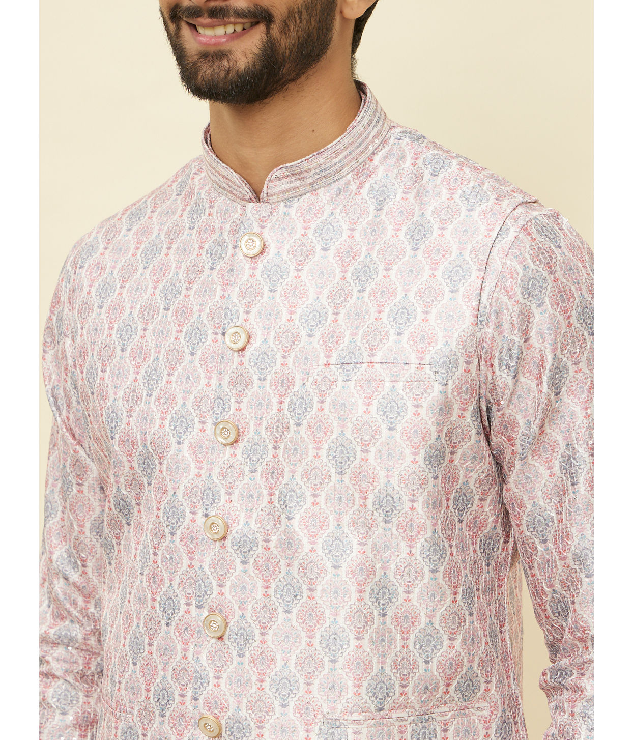 alt message - Manyavar Men Cherry Blossom Pink Medallion Patterned Jacket image number 1