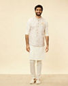 Manyavar Men Light Cream Grid Patterned Jacket