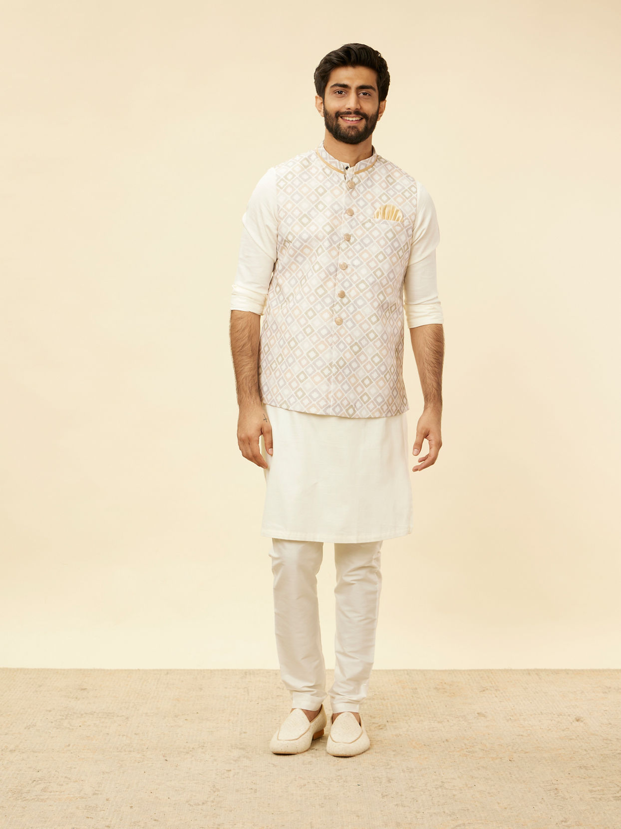 Manyavar Men Light Cream Grid Patterned Jacket