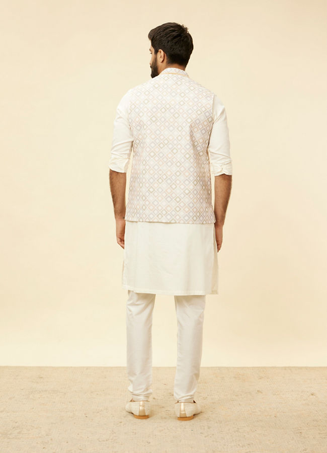 Manyavar Men Light Cream Grid Patterned Jacket