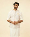 alt message - Manyavar Men Light Cream Grid Patterned Jacket image number 0